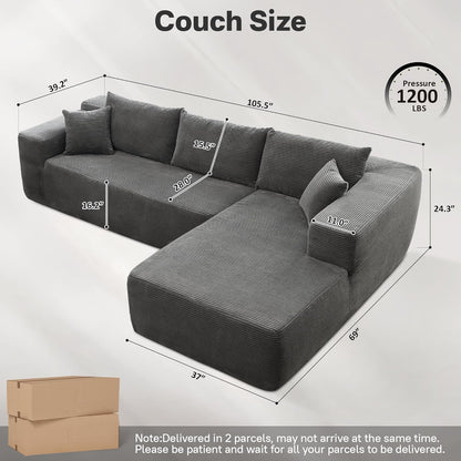 104" Cloud Sectional Couches for Living Room,L Shaped Boneless Couch in A Box,Sleeper Sofa with Comfy Chaise No Assembly Required,Grey