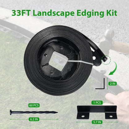Landscape Edging Border 33 FT 2 Inch Tall with 60 Spikes, Plastic Edging for Landscaping, Garden Edging Border， Flower Bed, Paver and Lawn Edging Border, Black