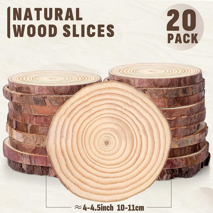 FUMILE Unfinished Natural Wood Slices 4-4.5 Inch, 20 PCS Round Wooden Discs with Tree Bark, Wood Rounds for Crafts Christmas Ornaments, Wood Circles for Rustic Wedding Decoration