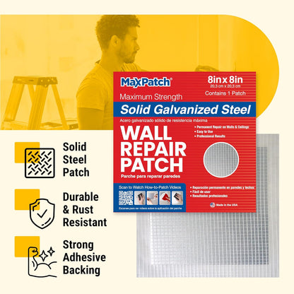 MaxPatch® 4 in. x 4 in. Solid Metal Self-Adhesive Wall Repair Patch (3-Pack) – Durable Galvanized Metal, Easy Application for Drywall, Plaster, and Ceiling Repairs