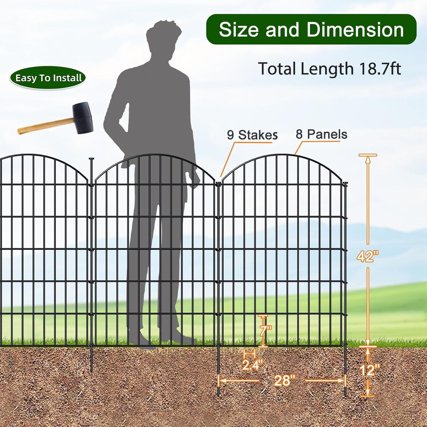 Metal Garden Fence 42in (H) x 18.7ft (L), 8 Panels + 9 Stakes Dog Fence Border Fence Animal Barrier, No Dig Garden Fencing for Yard Flower Bed Lawn Patio Outdoor, CTW4208 Black