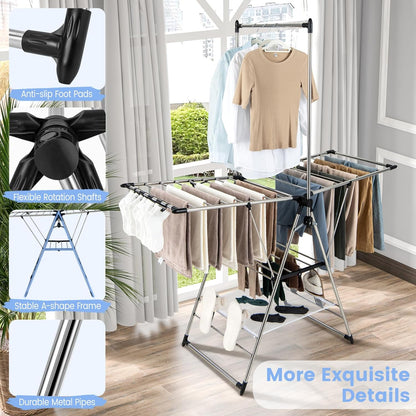 Giantex Clothes Drying Rack, Foldable Laundry Drying Rack with with 6-Level Adjustable Height, High Hanger Design, Side Clips, Space Saving Collapsible Laundry Drying Rack