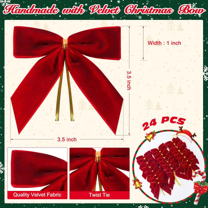 Burgundy Velvet Bows for Christmas Tree Decorations, 24 Pcs Premium Velvet Ribbon Bows, Christmas Tree Ornaments for Xmas Wreaths, Gift Toppers & Holiday Home Decor(1" Width, 3.5x3.5 Inch)