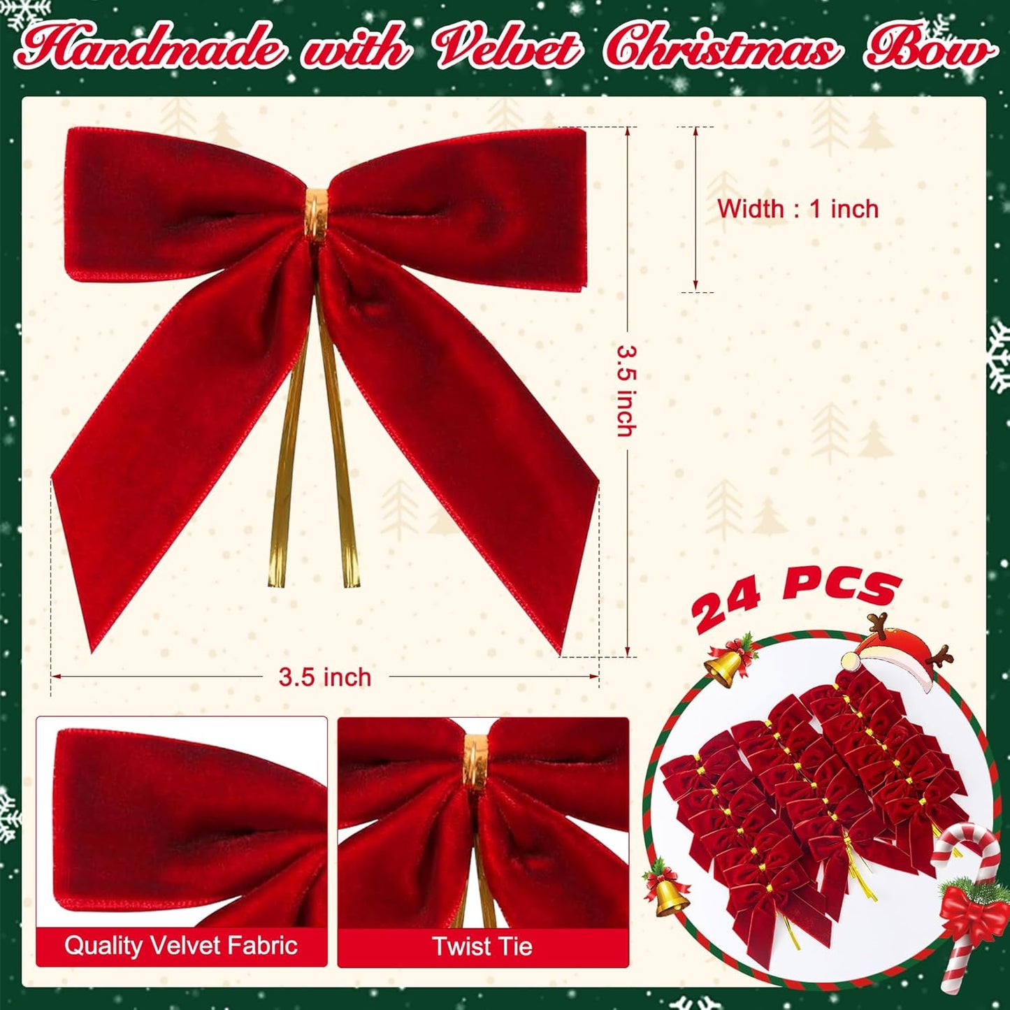 Camel Velvet Bows for Christmas Tree Decorations, 24 Pcs Premium Velvet Ribbon Bows, Christmas Tree Ornaments for Xmas Wreaths, Gift Toppers & Holiday Home Decor(1" Width, 3.5x3.5 Inch)