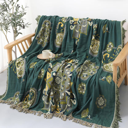 Snycler Boho Throw Blanket for Bed - 100% Cotton Ultra Soft Rustic Quilt - Green Boho Floral Printed Farmhouse Decor Bed Blankets, 80"×90" All Season Rustic Throw for Sofa Couch Chair