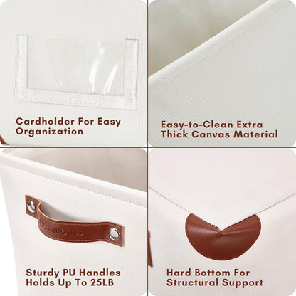 DECOMOMO White Storage Bins Fabric Storage Baskets for Shelves & Linen Closet Organization (Creamy White W/Label holder, Large - 3 Pack)