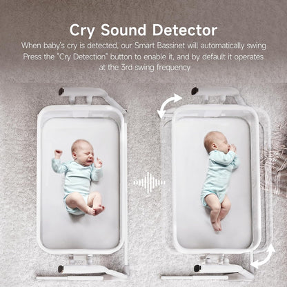 Maydolly Baby Bassinet, Smart Crib, Automatic Cry Detection and Response, Rocking Bassinet for Baby, 7 Height Adjustable with Mattress for Newborns (White)