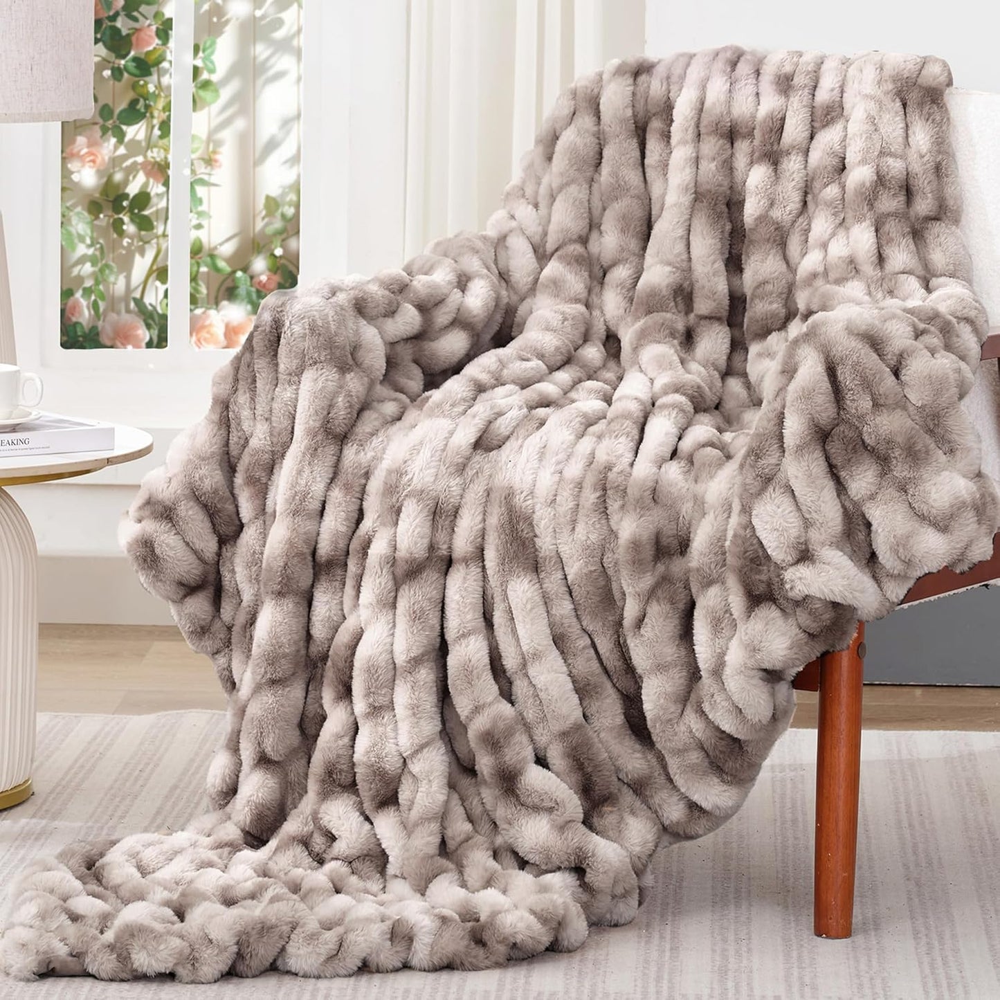 Touchat Ruched Faux Rabbit Fur Throw Blanket, 700 GSM Luxury Dual-Sided Soft Cozy Blanket, Fuzzy Fluffy Plush Blanket for Bed, Couch and Sofa - 50"x60", Tie-dye Coffee