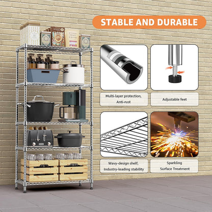 MZG 1750 lbs 5 Tier Storage Rack Metal Wire Shelving Unit, Storage Standing Household Shelf Organizer for Kitchen Pantry Closet Garage Basement Utility Room, Chrome 15.8" D x 45.3" W x 70.4" H