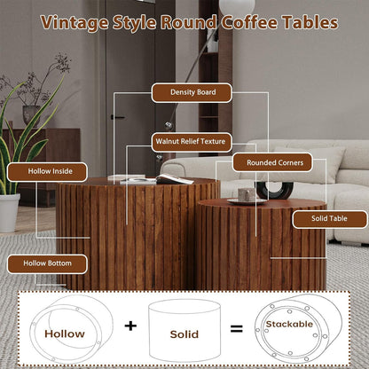 Round Nesting Coffee Table Set of 2 Modern Round Walnut Coffee Table Small Circular End Table Side Table Coffee Tables Circle Nested Coffee Tables for Living Room (Brown Small)