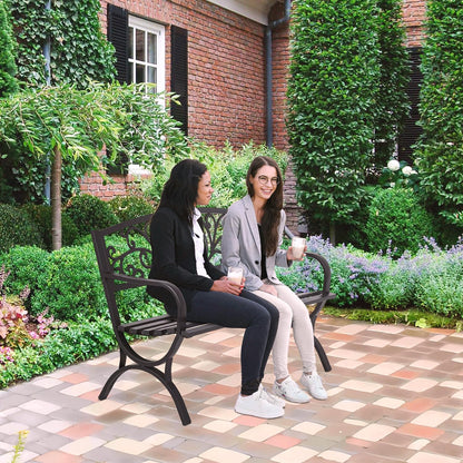 FDW Outdoor 50 Inches Garden Bench, Slatted Seat Armrests Floral Design Backres and Arch Legs, Perfect for Park, Yard, Porch, Lawn, Balcony, Backyard, Black