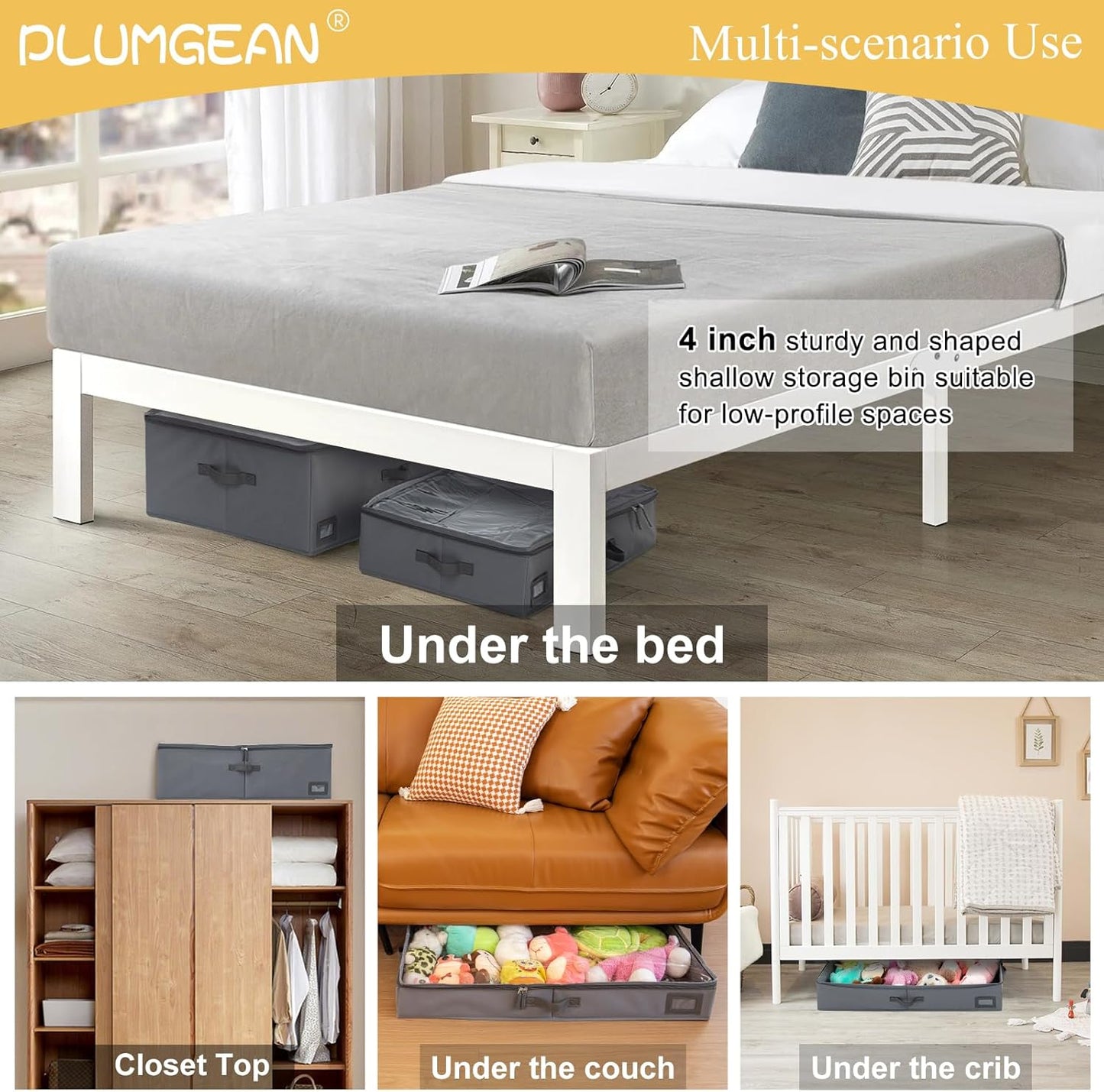 4-Inch Under Bed Storage Containers, Low Profile UnderBed Storage Organizer, Under Crib/Couch Storage Box for Seasonal Clothing, Sweaters, Shoes, Blankets, Wrapping Paper, Sheets & Toys 33"L×17"W×4"H