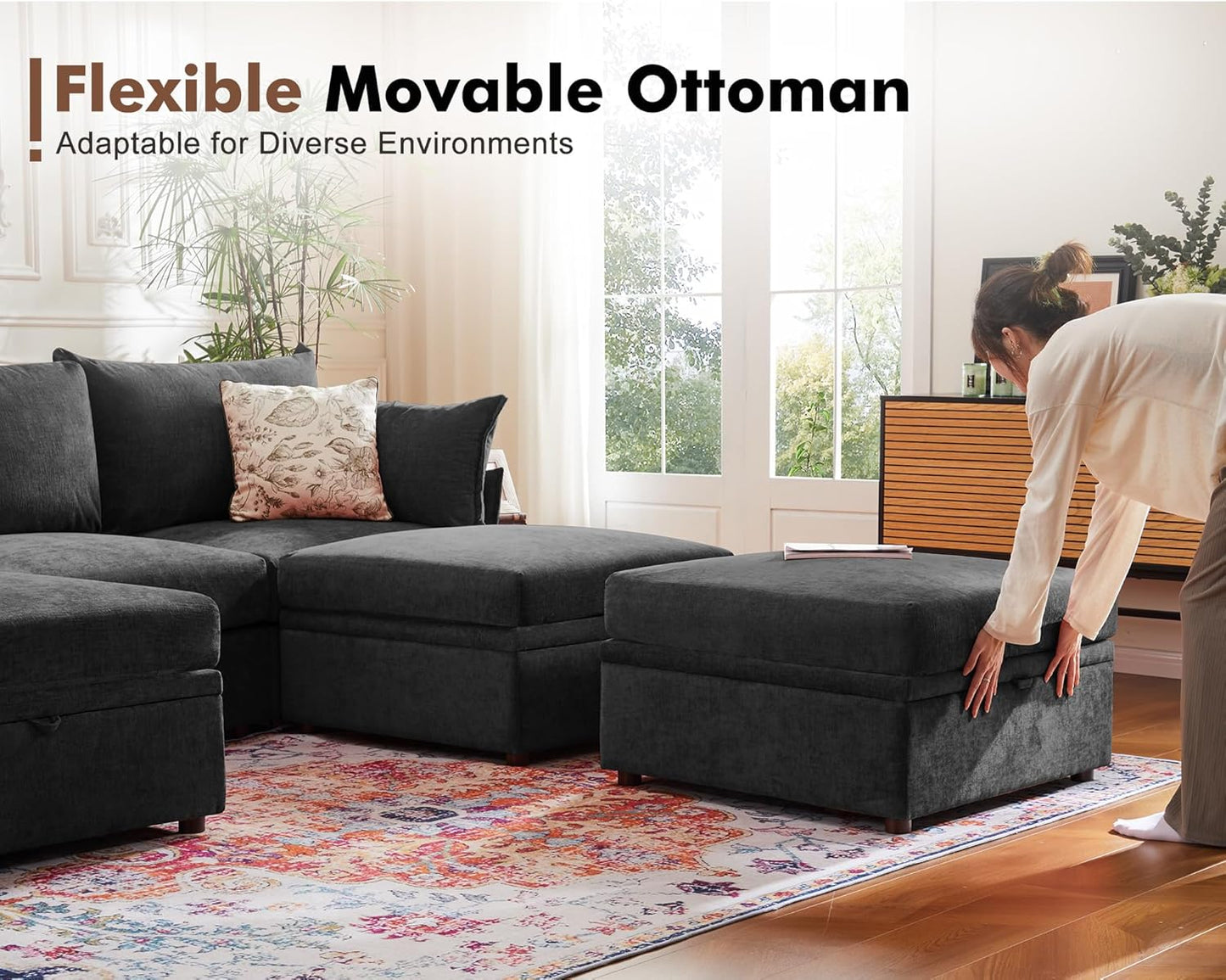 102.6" Modular Sectional Sofa, L Shaped Couch Set for Living Room, 3-Seater Comfy Cloud Couches with Movable Storage Ottoman,DIY Combination - Chenille Black