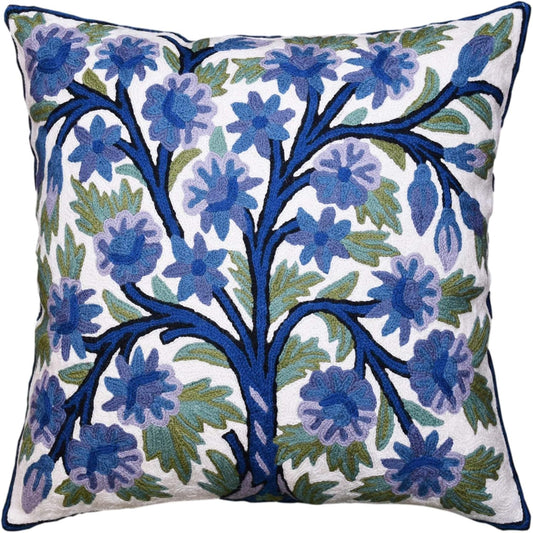 Blue Tree of Life Pillow Cover Indigo Plant Floral Pillowcase Needlepoint Botanical Flower Suzani Cushions Traditional Boho Modern Floral Cushion Wool Size - 18x18