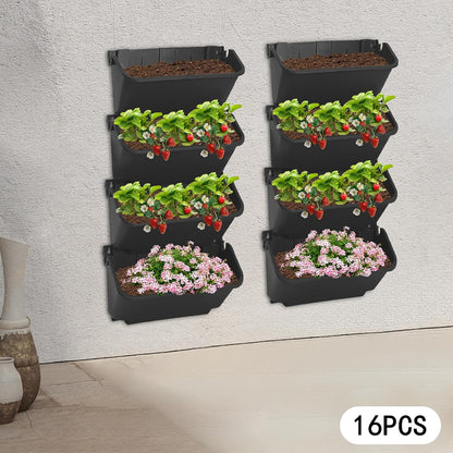 Self Watering Outdoor Wall Mounted Planter Vertical Garden with 16 Pockets Plastic Plant Grow Pots for Hanging Flower Herbs Vegetables Home Indoor Outdoor Black
