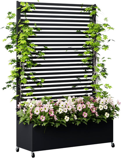 Metal Planter Box with Trellis Privacy Screen, Raised Garden Bed with Trellis & Wheels, Privacy Planters for Patio, Planter Box with Drainage Holes for Climbing Plants, Flower, 73"x 47"x 16", Black