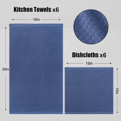 Fintale 100% Cotton Kitchen Towels and Dishcloths Set, 12 x 12 & 15 x 25 Inches, Set of 12 Bulk Super Soft and Absorbent Terry Cloth Dish Towels, Quick Drying Hand Towels with Hanging Loop, Navy Blue