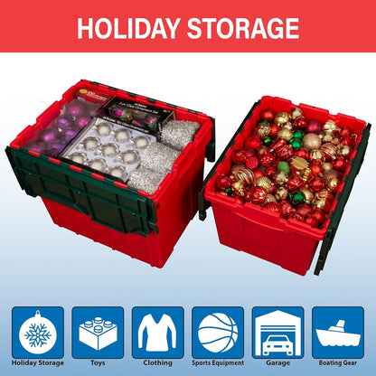 Akro-Mils KeepBox 18 Gallon Storage Container, Nesting and Stackable Plastic Storage Box with Lid Attached, Clear Tote for Garages, Closets, and Moving, 21" x 15" x 17", Red/Green