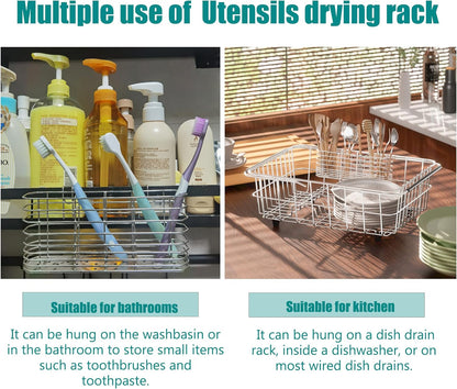 304 Stainless Steel Utensil Holder, Dish Drying Rack, kitchen Utensil Organizer, Knife and Fork Drainage Rack, Kitchen Drainage Basket Accessories, With Hooks, Rust Proof, Color-Silver