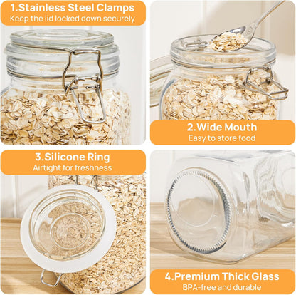 CHEFSTORY 50oz Airtight Glass Jars with Lids, 3 PCS Food Storage Canister for Kitchen & Pantry Organization, Square Mason Jar Containers for Storing Sugar, Flour, Cereal,Coffee,Cookies