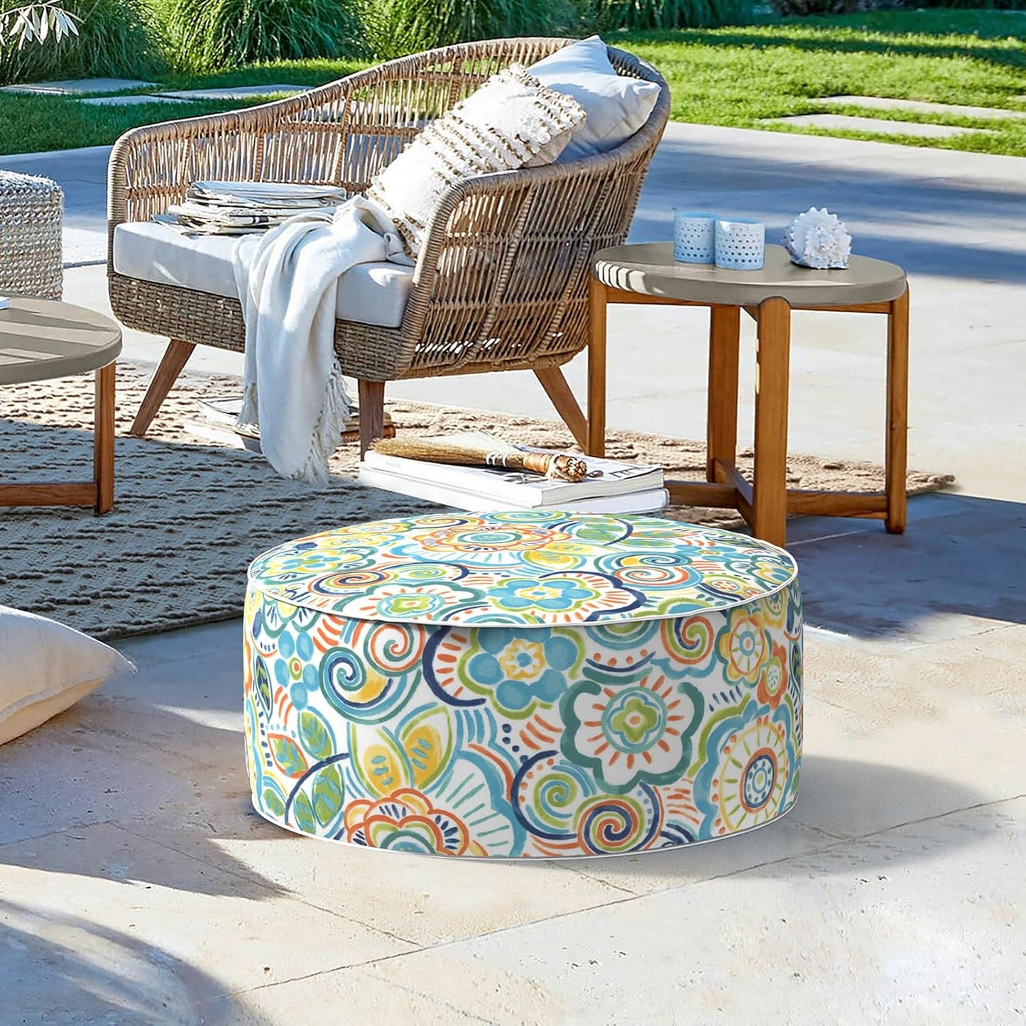 LVTXIII Outdoor/Indoor Inflatable Stool Ottoman, All Weather Patio Footrest Pouf, Portable Round Ottoman for Patio Garden, Camping or Home, D21xH9 Inches, Flower Blue