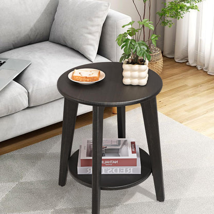 Round Side Table Black Gold Wooden End Table with Lower Shelf Rustic Vintage Nightstand Beside Table for Living Room Bedroom Small Spaces