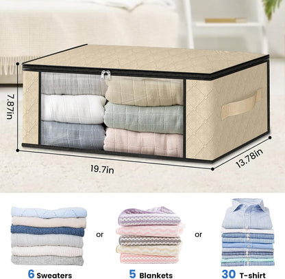 HomeHacks Storage 10-Pack Clothes Organizer Storage Bags Foldable Storage Box with Large Clear Window Sturdy Handles for Closet, Dorm, Pillows, Bedding, Clothes, Blankets, 35L, Beige