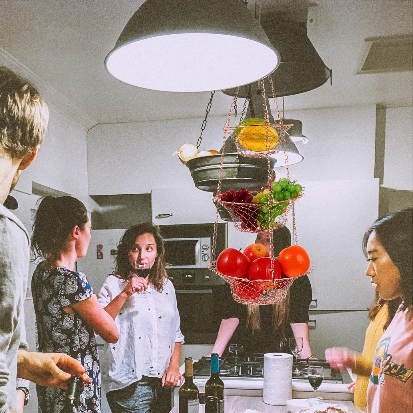 Yardwe 3 Tier Hanging Fruit Baskets Copper Wire Basket Fruit Vegetable Kitchen Storage Organizer Rustic Country Decor Round Metal Copper