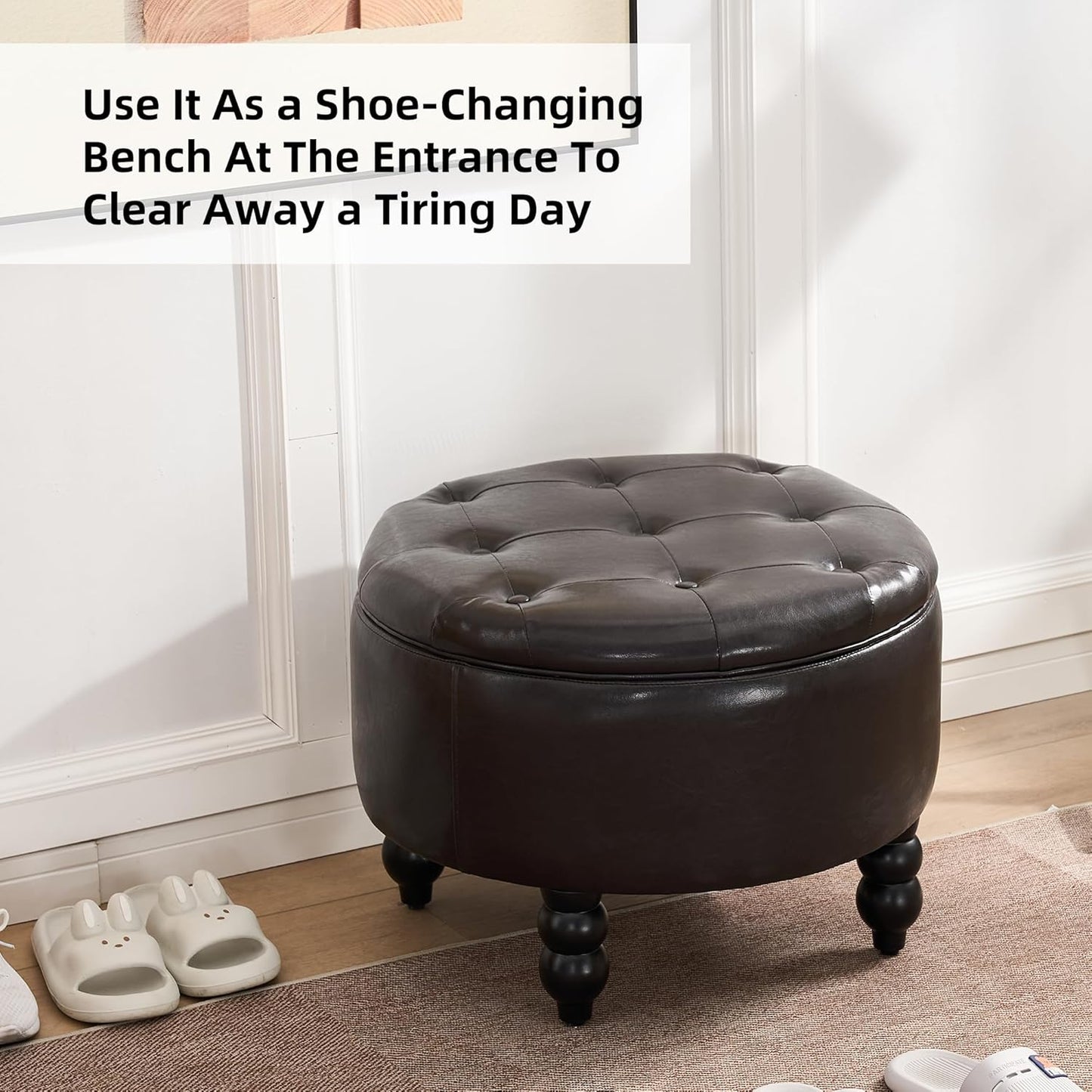 PU Leather Round Ottoman with Storage, Upholstered Tufted Storage Footstool, Modern Wooden Coffee Table for Living Room, Bedroom, Dark Brown(PU)