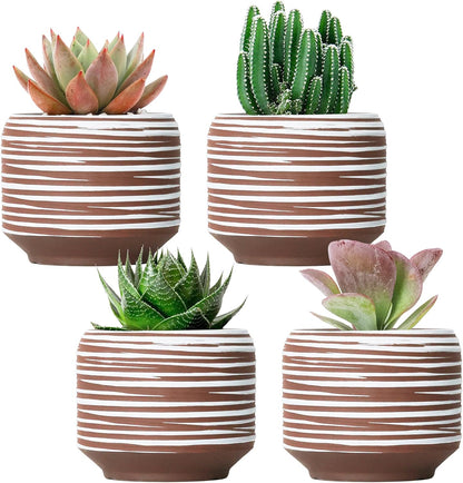 Mini Succulent Planter Set – 3.7 Inch Ceramic Pots with Drainage for Indoor Plants, Small Decorative Flower Pots for Cactus and House Plants, Set of 4