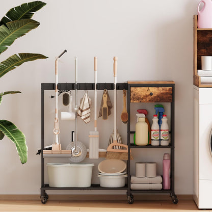 Heavy Duty Metal Cleaning Cart with Wheels,Broom Holder with Cleaning Supplies Organizer,Broom Storage Cart with Mop Hanger Gripper Rack Hooks for Home, Commercial (Rustic Brown, 37.6" L)