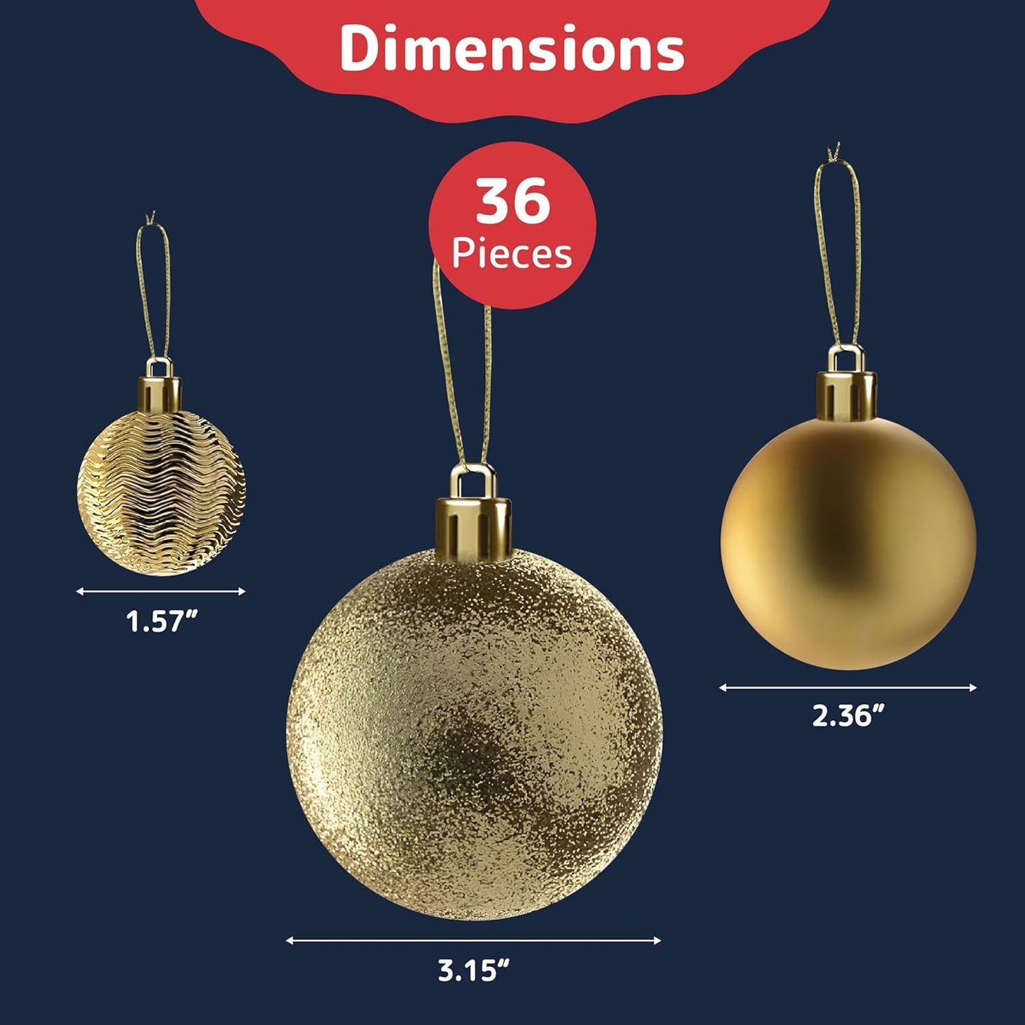 PREXTEX Christmas Ornaments Gold Set - 36-Piece Shatterproof Gold Ornaments for Christmas Tree, Holiday, Wreath, and Party Decorations - Assorted Sizes in Small, Medium, Large
