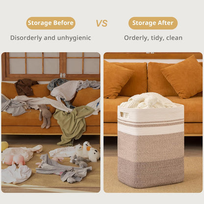 OIAHOMY Rectangle Laundry Basket, Large Laundry Hamper with Handles, Cotton Blanket Basket for Living room, Woven Decorative Storage Basket for Clothes,Pillows-16x13x22in-Gradient Yellow