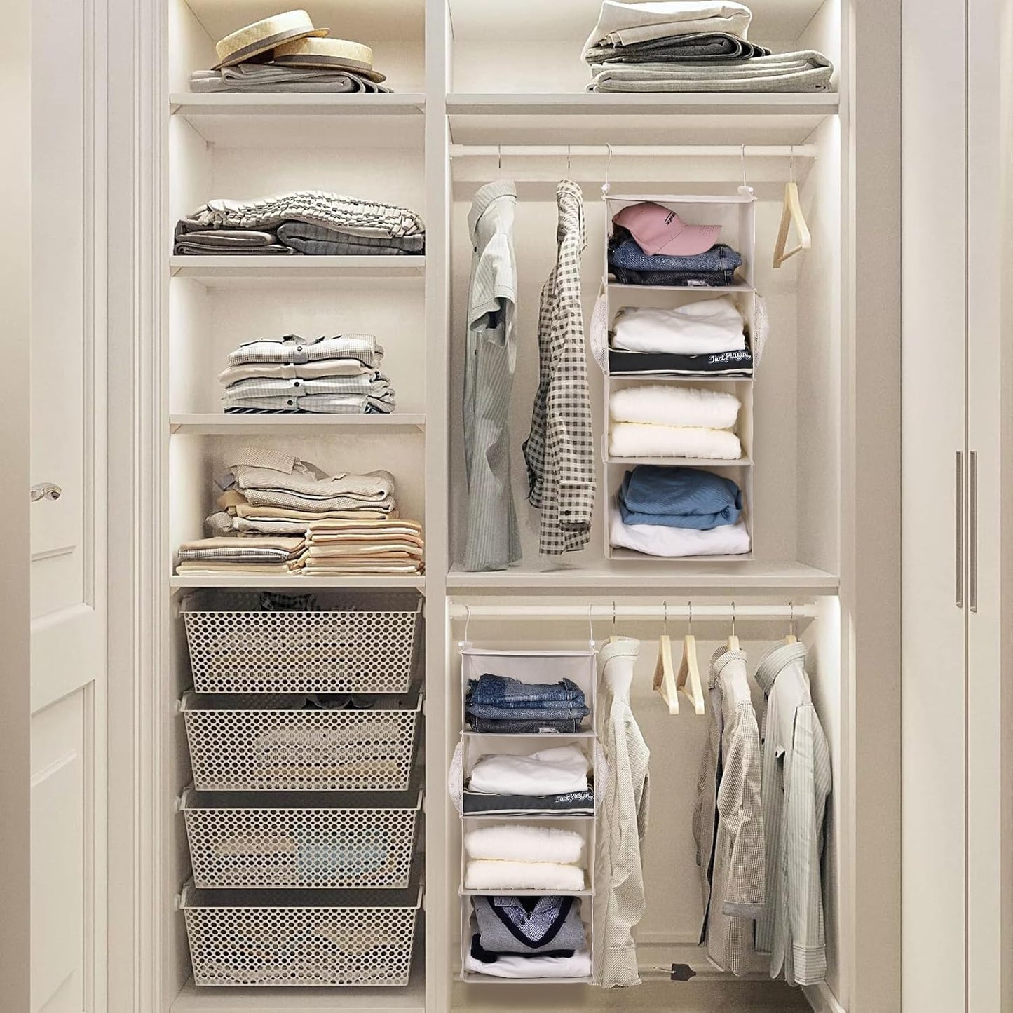 MAX Houser 4 Tier Shelf Hanging Closet Organizer, Closet Hanging Shelf with 2 Sturdy Hooks for Storage,2 Pack, Foldable (Beige)