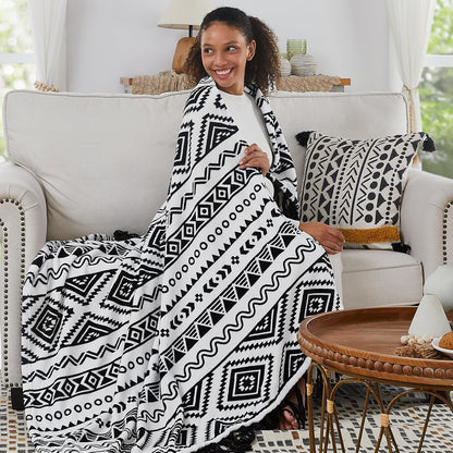 CASAAGUSTO Boho Throw Blanket - Black and White Decorative Blankets with Tassel, Printed Flannel Bohemian Blanket for Chair, Bed, Sofa, Couch(60 * 80, Black and White)