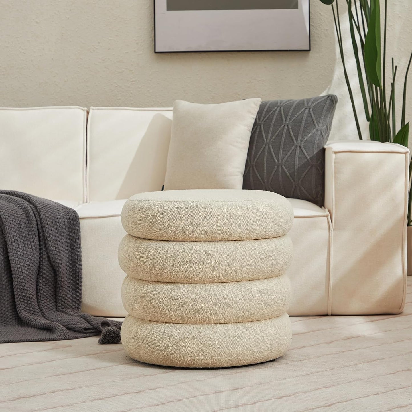 ONEVOG Round Storage Ottoman, 20" Small Ottomans Table with Removable Lid, Linen Fabric Soft Footrest Stools for Couch, Upholstered Stuffed Circle Seat for Living Room/Bedroom/Dorm/Vanity, Beige