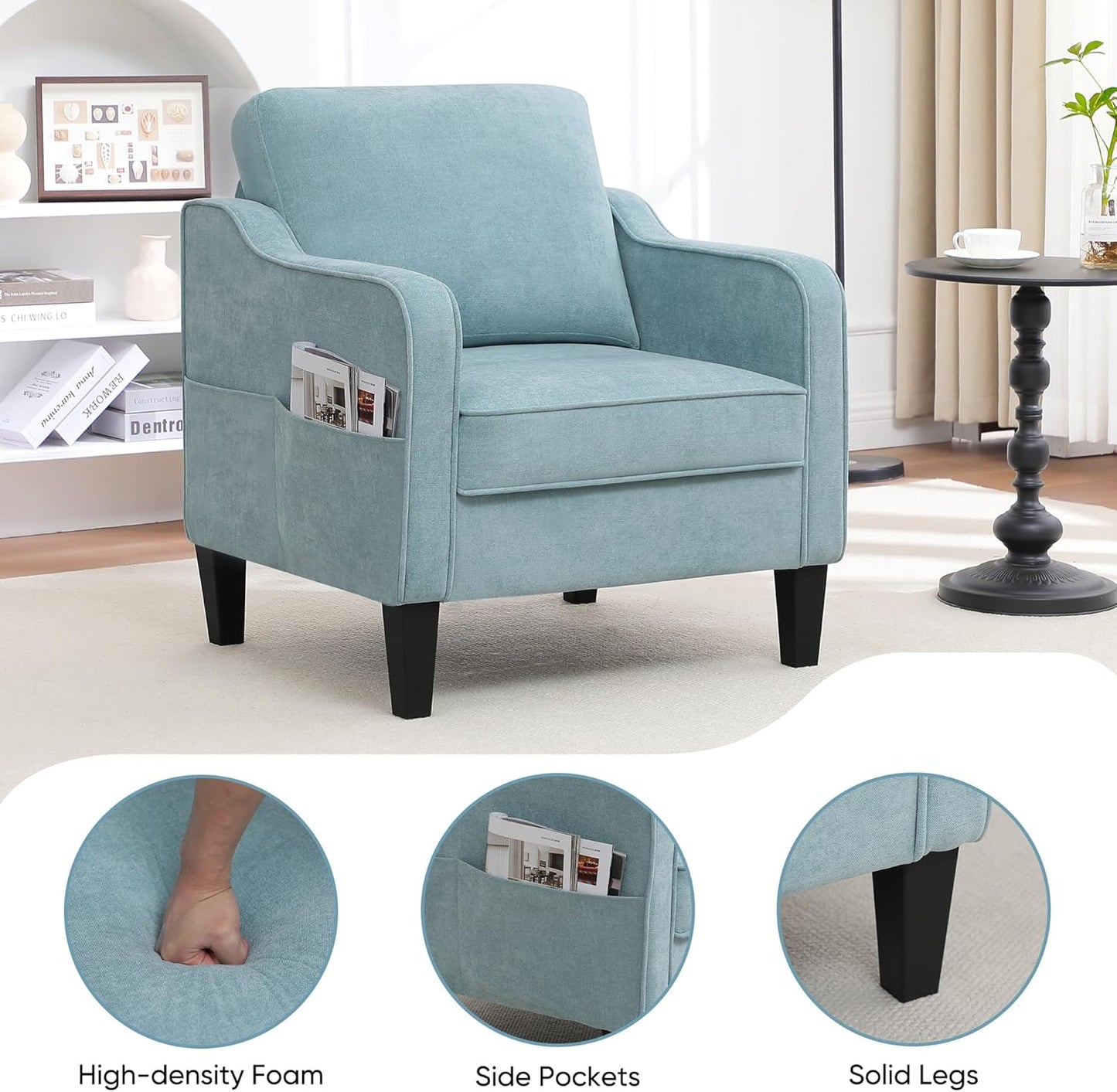 Accent Chair for Living Room, Mid Century Modern Reading Chair for Bedroom, Upholstered Armchair with Side Pockets, Comfy Single Sofa Side Chair for Office, Apartment, Small Room, Teal Green