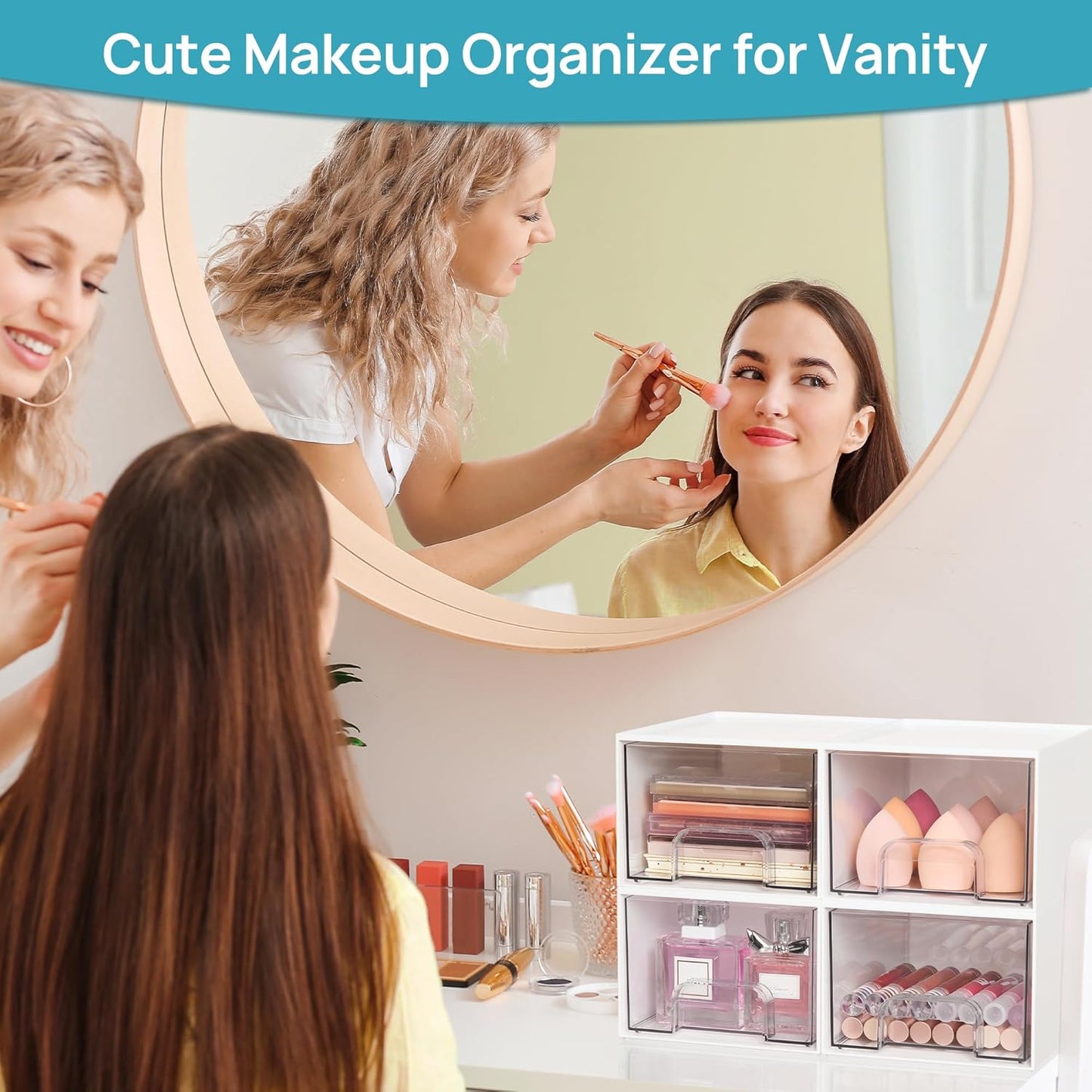 Vtopmart 4Pack Small Stackable Storage Drawer, Bathroom Makeup Organizer,Plastic Storage Bins For Vanity, Undersink, Kitchen Cabinets, Pantry, Home Organization(White)