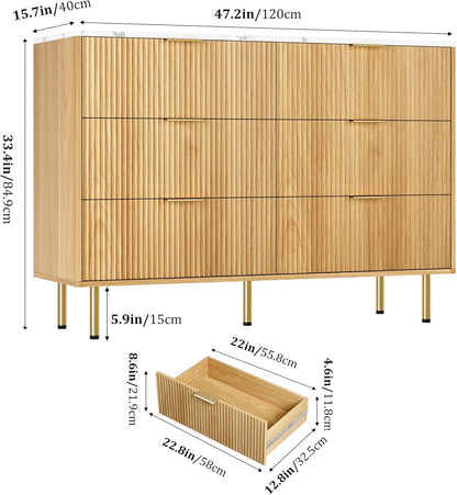 GarveeHome Fluted 6 Drawers Dresser for Bedroom, Modern Chest of Drawers, Tall Brown Dresser with Faux Marble Top and Gold Handle, Wood Drawer Organizer for Bedroom, Living Room, Hallway, Entryway