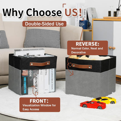 HNZIGE Cube Storage Bins 11 x 11, Fabric Cubes Storage Bins 11x11 Clear Storage Organizer,Canvas Storage Bin for Cube Storage, Cubby Collapsible Organizer Bin for Organizing Home(Gray Black 6PCS)