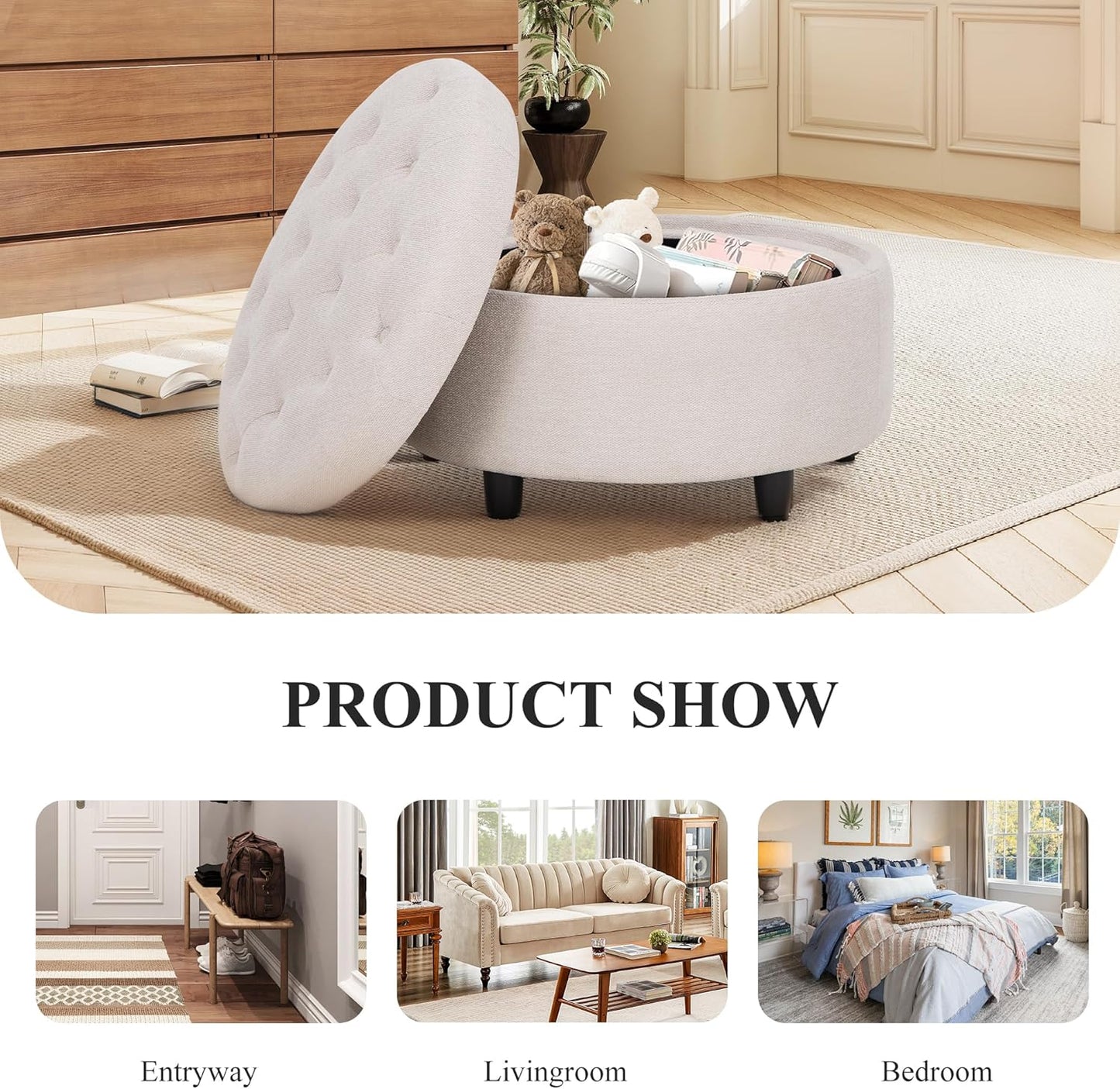 COLAMY Fabric Round Storage Ottoman with Reversible Tray Lid – Multi-Functional Footrest, Hidden Storage, Sturdy & Stylish Small Coffee Table for Living Room, Bedroom, or Entryway(Beige)