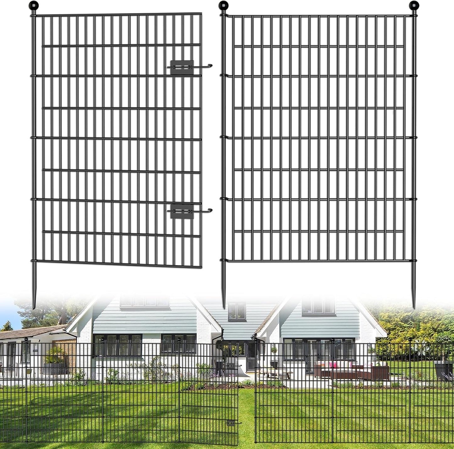 4 Panels No Dig Decorative Outdoor Garden Fence with Gate for Yard, 48 in(H) X 10.5 ft(L) Animal Barrier Fencing Rustproof Metal Wire Panel Border for Dog, Rabbits, and Patio Temporary Ground Stakes