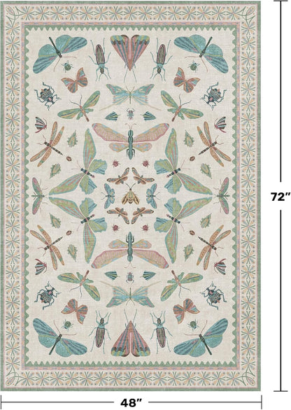 Light Blue and Pink Rug 4x6 Rugs for Bedroom Under Bed - Insect Print Multi Color Decor, Low Pile Non Slip Stain Resistant Throw Rug for Nursery Room Boys, Kitchen, Floor Carpet Aesthetic