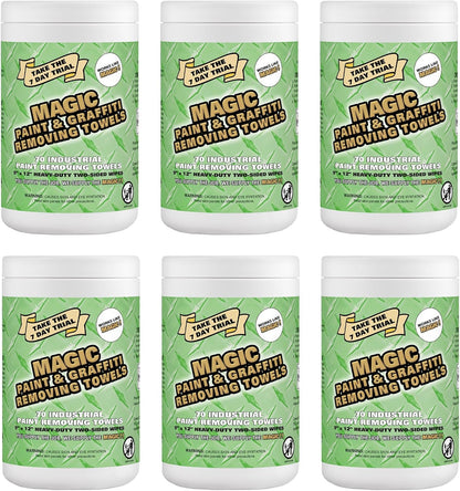 Magic Heavy Duty Paint & Graffiti Removing Wipes - Dual Sided Industrial Cleaning Towels | Waterless | Removes Adhesive, Ink, Marker, Spray Paint, Tar, Decals & more (6 Pack | 420 Sheets Total)