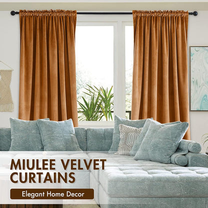 MIULEE Gold Brown Velvet Curtains Thermal Insulated Blackout Curtain Fall Drapes for Bedroom Living Room Darkening 96 Inches Long Curtains Panels Rod Pocket Set of 2