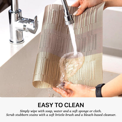 LEXMORE PlaceMats Set of 12 Vinyl/Plastic Woven Place Mats for Kitchen Table Indoor/Outdoor Washable PlaceMat Wipeable Dining Table Mats(Gold Dune)