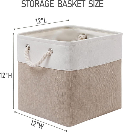 12 x 12 Inch Cube Storage Bins, 6 Pack Large Collapsible Fabric Storage Bin with Ropes, Foldable Storage Cubes for Home, Office,Closet, Clothes, Toys Organizer (White & Beige)