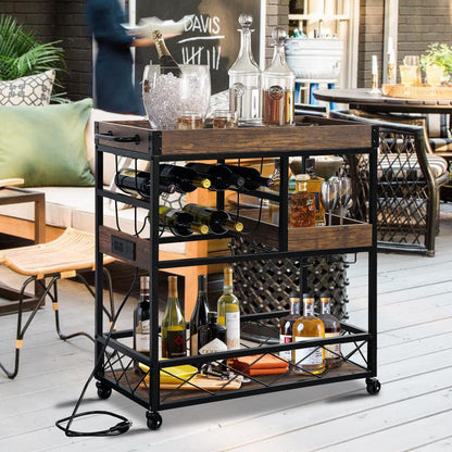 Bar Cart with Power Outlet, Industrial Kitchen Serving Cart with Wine Rack & Glass Holder, Coffee Bar Table Station with Storage, Rolling Cart on Wheels with 59IN Cord, Brown