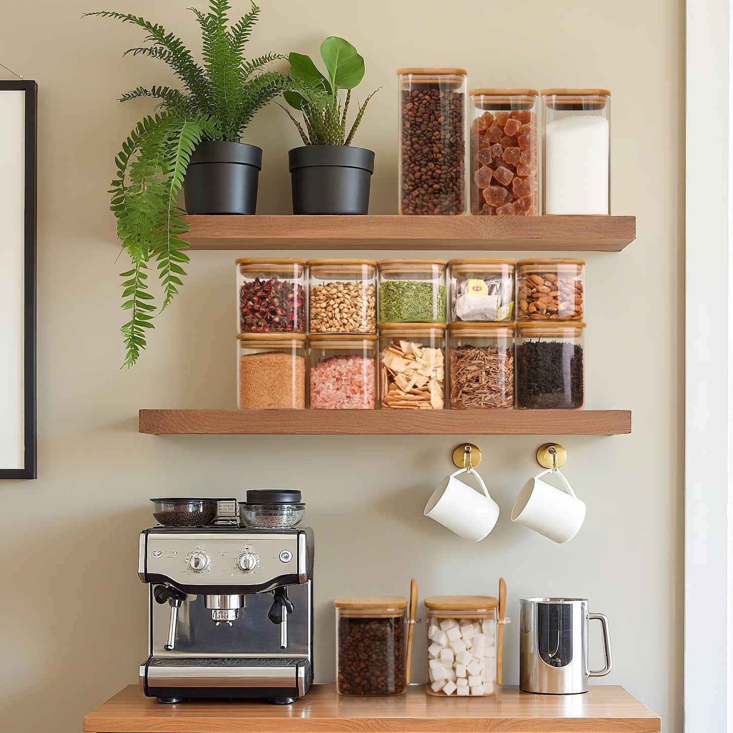 ComSaf 0.8 Qt Glass Jars with Bamboo Lids & Spoons Set of 4, Square Glass Containers with Lids, Sugar Coffee Containers Salt Spice Jars, Pantry Storage Container for Loose Tea, Candy, Brown Sugar, Nut