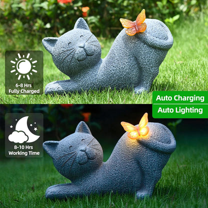 Cute Solar Cat Garden Statue with Lighted Butterfly, Outdoor Waterproof Resin Cat Figurine for Yard Lawn Patio Porch, Solar Powered Garden Decor and Gift for Cats Lovers
